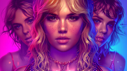 Naklejka premium A girl with long blonde hair is the center of a triptych of three girls