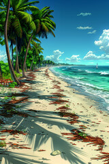 A beach scene with palm trees and a boat in the water