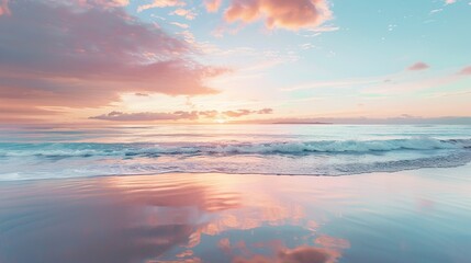 Fototapeta premium A tranquil beach scene at sunset, with calm waters and a colorful sky, symbolizes peace and serenity.