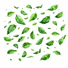 Green Floating Leaves Flying Leaves Green Leaf Dancing isolated on transparent background. 