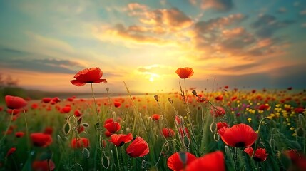 Fototapeta premium Poppy flowers in the meadow at sunset