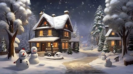 Naklejka premium Snow village, snow on house rooftops, Christmas festival, snowmen