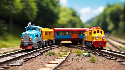 Fototapeta premium Toy train. Close-up on blurred background.