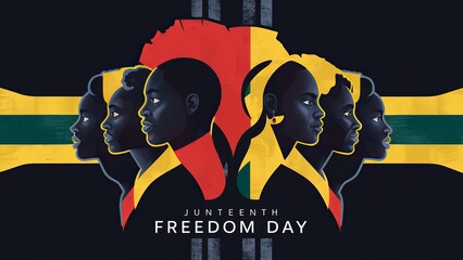 "Juneteenth freedom day" African-American people face in profile in red yellow green colors on black background