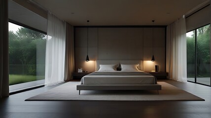 Spacious modern bedroom with plush sofa and light walls offers a comfortable indoor haven