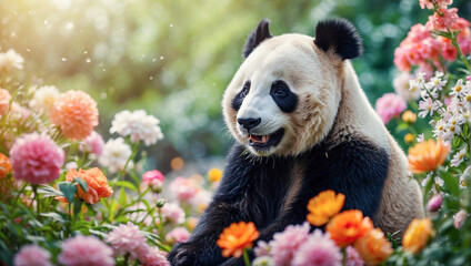 Giant panda on a floral background, in the sun