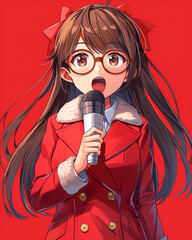 Pixel art of a music artist in a red coat with microphone