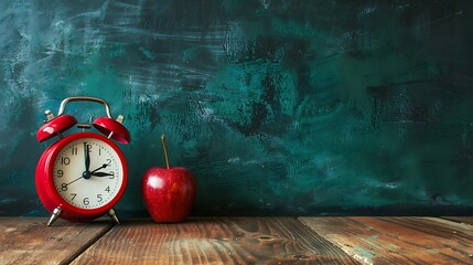 School supplies composition with alarm clock and apple on wooden table and green chalkboard background - Powered by Adobe