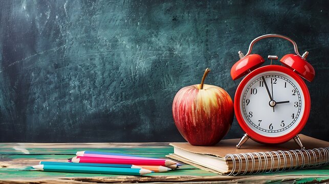 School supplies composition with alarm clock and apple on wooden table and green chalkboard background