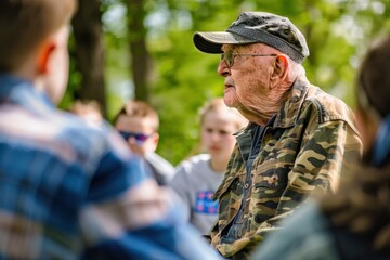 Fototapeta premium An elderly Caucasian male veteran shares stories with young children, depicting a moment of cultural transmission and education.