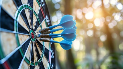 side view of darts board at sunset blue arrows in it background on outdoor games