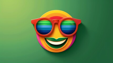 Smiling face with rainbow colored sunglasses emoji green background