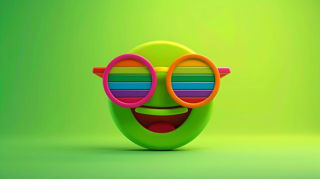 Smiling face with rainbow colored sunglasses emoji green background - Powered by Adobe