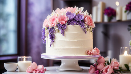 a wedding cake with pink and purple flowers on top of it - Powered by Adobe