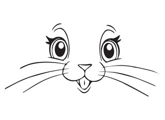 Animal face outline drawing, cute cat face with eyes and nose, fawn, pet, mascot. Smiling head of the beast. Vector line drawing for children, embroidery.