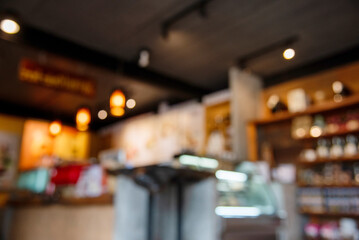 Blurry shopping mall background of store grocery. Blurred background shopping mall light bokeh business event retail store. Blur Convention hall center audience present display goods shelf products