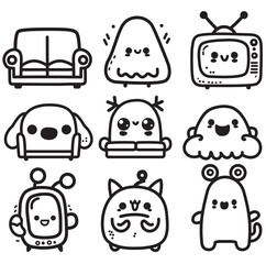 Set icon doodle Collection V3. Hand Draw Illustration. Cute Character Sticker Design. Digital Line Art Print.