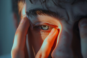 A close-up of a man's tired eyes with glowing light, symbolizing eye strain and mental fatigue. Concept of vision problems.
