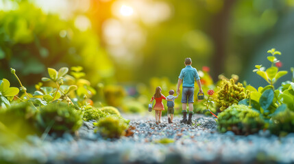 Miniature family of three figures walking in a lush garden at sunset, father holding hands with his daughter and son on a gravel path, Concept of family bonding, nature, and childhood.