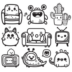 Set icon doodle Collection V2. Hand Draw Illustration. Cute Character Sticker Design. Digital Line Art Print.