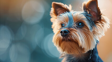 Portrait of Cute Joyful Yorkshire Terrier Pet Dog, Animal Companionship and Happiness, Pet Love and Affection, Generative Ai

