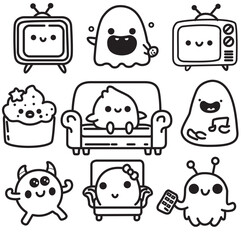 Set icon doodle Collection V1. Hand Draw Illustration. Cute Character Sticker Design. Digital Line Art Print.