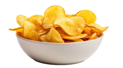 side view of a snack bowl of potato chips party food, crispy nibbles isolated on transparent  background. 