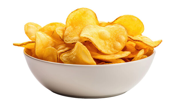 side view of a snack bowl of potato chips party food, crispy nibbles isolated on transparent  background. 