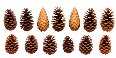 collection of small pinecones for Christmas tree decoration isolated against a transparent background.