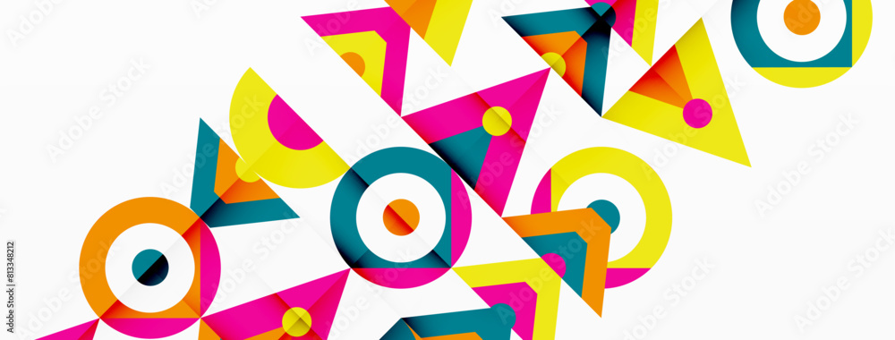 Poster a vibrant composition of colorful triangles and circles on a white background, creating a visually a