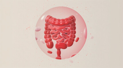 A glowing human intestine surrounded by bacteria and viruses, illustrating gut health issues and potential digestive disorders. Concept of gastrointestinal problems.
