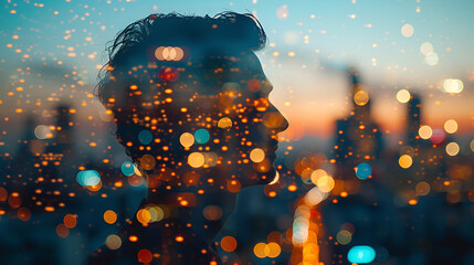 Profile of a Man with Double Exposure of City Lights, Urban Lifestyle, Modern Cityscape, Nightlife, City Living, Generative Ai

