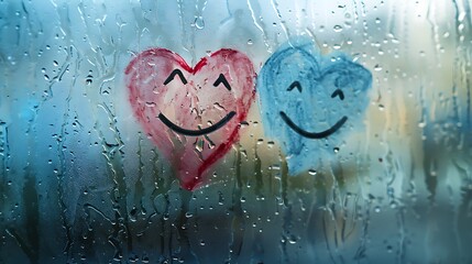 Two drawn smile face and doodle heart on blue foggy glass of window