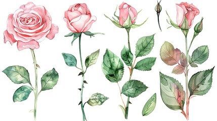 flower and leaves with watercolor assets on a white background,flower and nature motifs