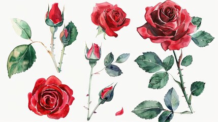 flower and leaves with watercolor assets on a white background,flower and nature motifs