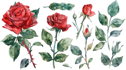 flower and leaves with watercolor assets on a white background,flower and nature motifs