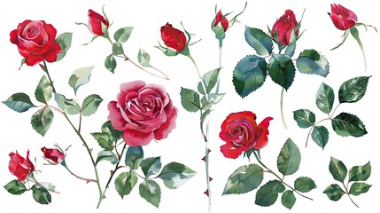 flower and leaves with watercolor assets on a white background,flower and nature motifs