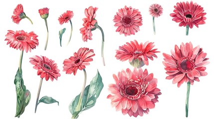 flower and leaves with watercolor assets on a white background,flower and nature motifs
