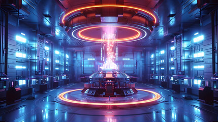 Futuristic Magnetic Confinement Nuclear Fusion Reactor with Holographic Control Interfaces in Neon-Lit Minimalist Sci-Fi Interior