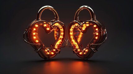 Two locked padlocks in the shape of a heart with bright glowing futuristic orange neon lights on black background