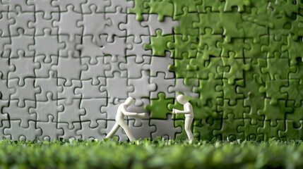 Two white human figures joining the green jigsaw pieces on gray background
