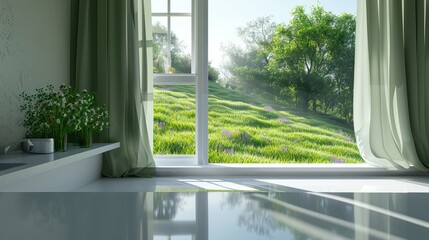 A room with green grass outside the window - Powered by Adobe