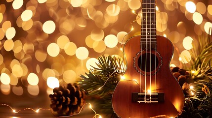 Fototapeta premium ukulele guitar with lighted garland on golden background
