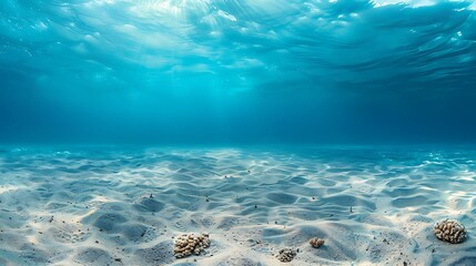 underwater blue ocean wide panorama background with sandy sea bottom