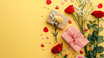 Valentines day gifts with fresh cut flowers yellow background