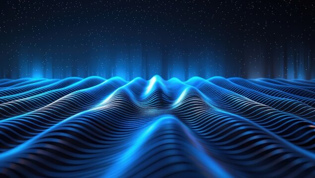 Abstract blue color gradient background with sound waves, sound wave, audio spectrum, vertical lines, night sky, black and dark blue,  high quality