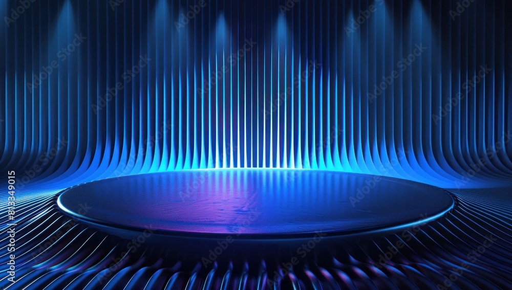 Sticker podium in the middle of abstract blue color gradient background with sound waves, sound wave, audio 