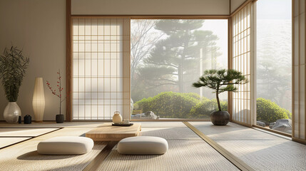 Traditional Japanese Tea Room with Garden View