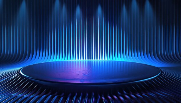 podium in the middle of abstract blue color gradient background with sound waves, sound wave, audio spectrum, vertical lines, night sky, black and dark blue,  high quality