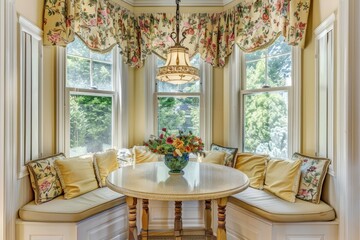 Fototapeta premium A charming breakfast nook with a round table, bench seating, and floral curtains, offering a cozy spot for enjoying morning meals, Generative AI